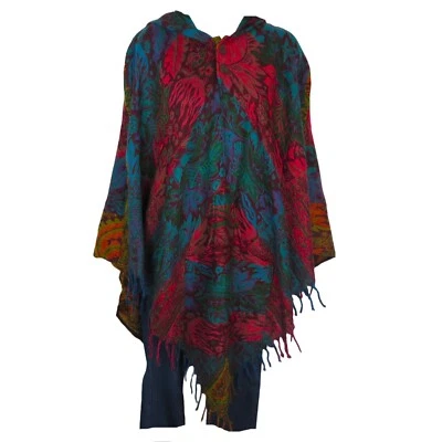 Poncho Botón Borlas Capucha + Bolsillo Diseño Paisley Yak + Mezcla Lana Oveja Talla 1 Foto 1 de 4