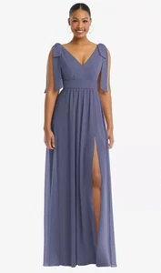After six 1569..Plunge Neckline Bow Shoulder, Chiffon Maxi Dress..Blue..Size 18 - Picture 1 of 6