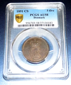 1891 CS DENMARK 5 FIVE ORE PCGS AU58 AU 58 Certified Graded Danish Coin - Picture 1 of 4
