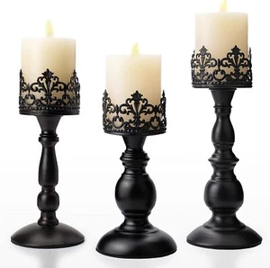 Vintage Pillar Candle Holders Table Centerpiece Matte Black Metal Decorative - Picture 1 of 6