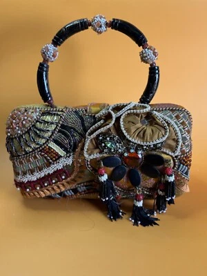 Mary Frances Green & Gold Beaded Satin Patchwork Satchel Jeweled Tassel Details - Image 1 of 4