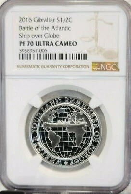 2016 GIBRALTAR SILVER 1/2 CROWN BATTLE OF THE ATLANTIC NGC PF 70 ULTRA CAMEO - Image 1 of 4