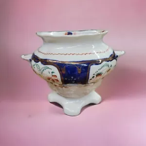 Antique Gaudy Welsh Sugar Bowl Sucrier Jar Cobalt Blue Rust Pink Copper Luster - Picture 1 of 11