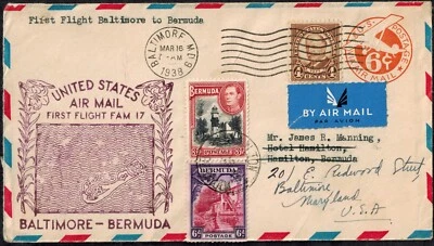 First Flight Baltimore to Bermuda & Return 1938 Cover w/ Mixed Franking - Image 1 of 2