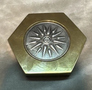 L.I. Armaos Sterling Brass Vergina Sun Hexagon Heavy Paperweight Greece EUC B - Picture 1 of 9