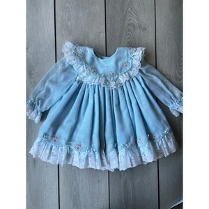 Vintage handmade baby girls long sleeve dress blue lace 3-6 mos - Picture 1 of 6