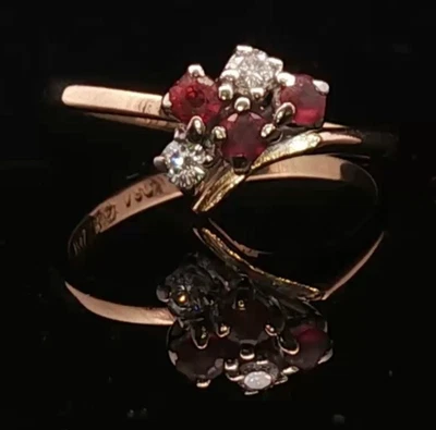 14ct Yellow & White Gold Ruby Diamond Cluster Ring Elegant Vintage Design - Image 1 of 4