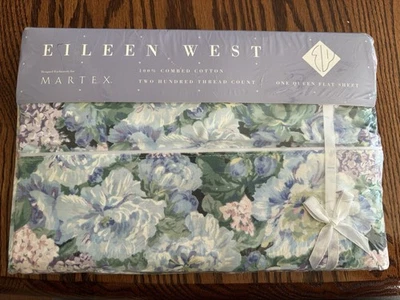 Lençol plano vintage Eileen West Martex Delphinium azul floral queen novo estoque antigo - Imagem 1 de 4