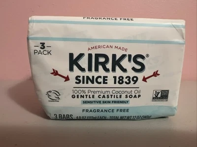 NUEVO Jabón Kirk's Gentle Castile - Sin fragancia 3 - 4 oz Barras Aceite de coco Foto 1 de 3