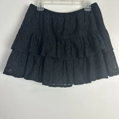 复古 Wet Seal Y2k 微型迷你裙 S 黑色花卉花边荷叶边奇思 — 第 1/4 张图片