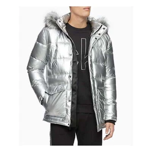 CALVIN KLEIN Mens Silver Faux Fur Hood Puffer Coat L - Picture 1 of 1