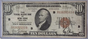 1929 - $10 Federal Reserve Bank Of New York New York Federal Reserve Note VF - Picture 1 of 2