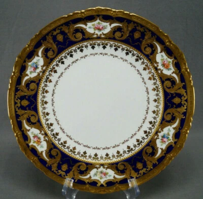 Royal Crown Derby Hand Painted Pink Rose Beaded Gold Scrollwork & Cobalt Plate - Image 1 of 4
