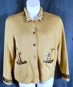 Onque Casuals Tan Embroidered Animal Print Cardigan - Size Medium - Picture 1 of 6