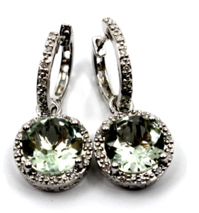 Olivia Prasiolite & Diamond Round Dangle Drop Earrings in Sterling Silver - Picture 1 of 6