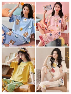Women Pajama Set Cartoon Print Short Sleeve Tops+Pants Suit Sleepwear Homewear - Picture 1 of 43