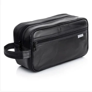 Black Leather Travel Toiletry Bag Zipper Case Organizer Shaving Portable Dopp - Picture 1 of 6