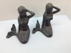 VTG PAIR CAST IRON MERMAIDS APPROX. 7" TALL GREENISH COLOR - Picture 1 of 8