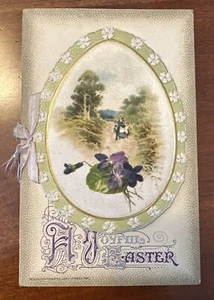 John Winsch 1911 Embellished Joyful Easter Greeting Violets Egg Lilies Postcard - Picture 1 of 15
