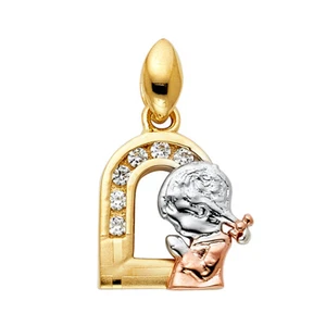 14K Solid Tri Color Gold CZ Religious Praying Girl Pendant For Women Men - Picture 1 of 3
