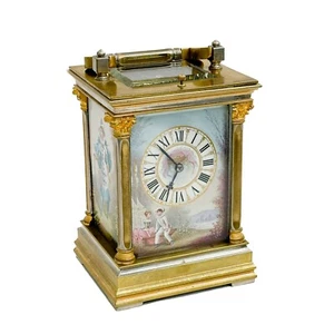 Reloj de carro repetidor de hora de bronce dorado azulejos de porcelana francés Sevres c1900 - Imagen 1 de 10