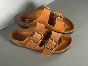 Birkenstock Sandals Womens Size EU 38 7 Brown Leather Arizona Big Buckle Narrow - Picture 1 of 9