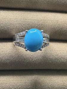 3.85 ctw AZ Sleeping Beauty Turquoise, Diamond Ring in Platinum over Silver Sz 7 - Picture 1 of 7