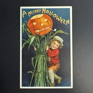 Vintage Halloween Postcard, Child Cornstalk Merry Halloween Clapsaddle Unposted - Picture 1 of 2
