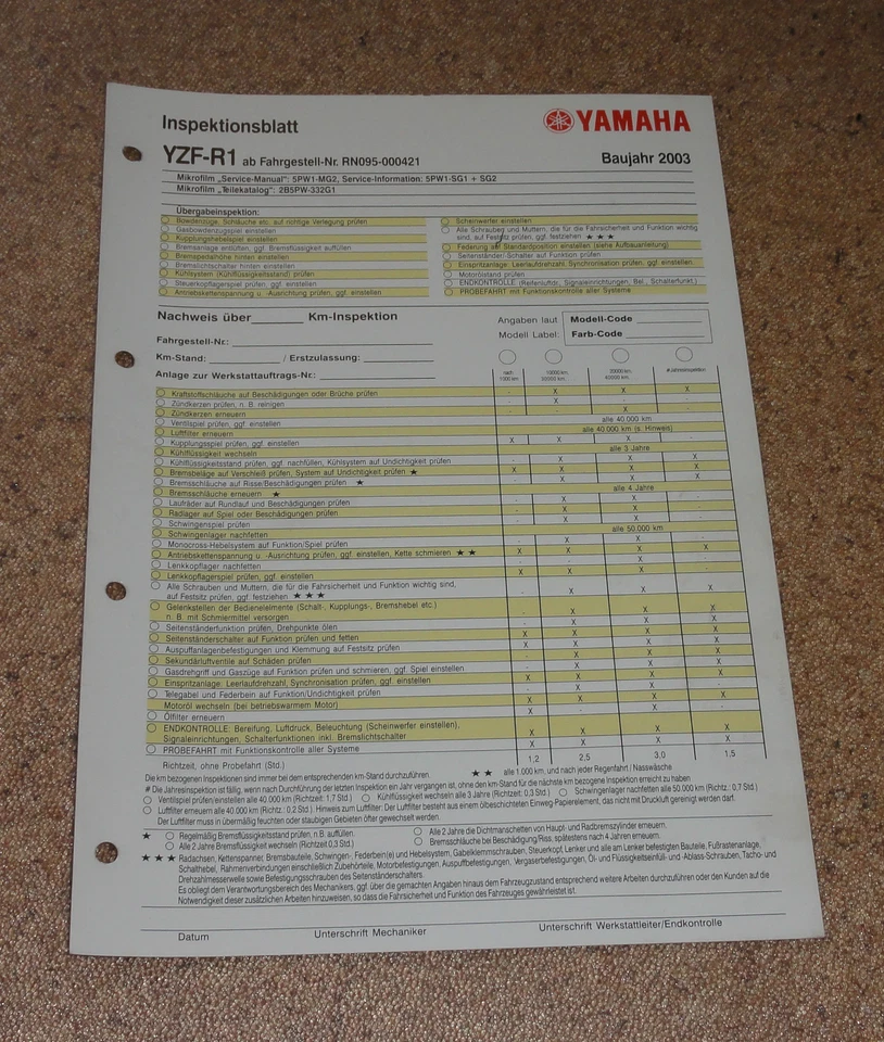 Inspektionsblatt Yamaha YZF- R1 Tipo RN095 Año 2003 - Imagen 1 de 1