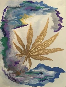 Original 8 1/2” X 11” Mixed media Gilded Gold Cannibus Leaf Abstract Painting - Picture 1 of 1