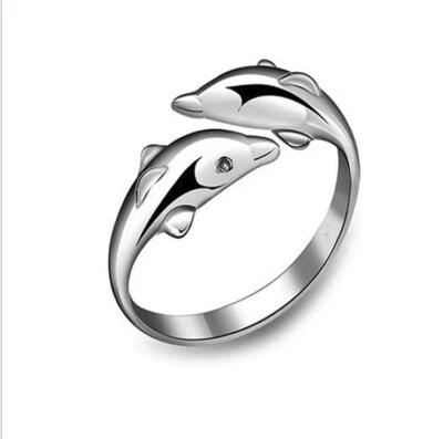 925 Placcato Argento Cuore Coppia Anelli Delfino Cristallo Fidanzamento Regalo - Immagine 1 di 2