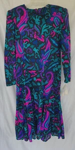 VTG 80s..PURPLE & PINK..PAISLEY & FLORAL..DRESS..SHOULDER PADS..NEW OLD STOCK 14 - Picture 1 of 6