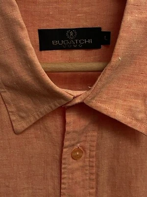 Bugatchi  Solid Linen Button-Up Shirt in Tangerine Size L - Image 1 of 4