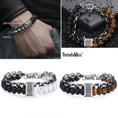 Pulsera con cuentas de piedra de acero inoxidable de 14 mm para hombre y mujer cadena de eslabones joyería 8/9/10" Foto 1 de 4