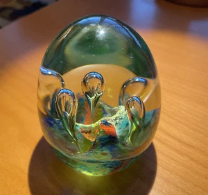 Art Glass Egg Shape Paper Weight Double Blown Wave Clear Blue Green Red Yellow - Picture 1 of 7