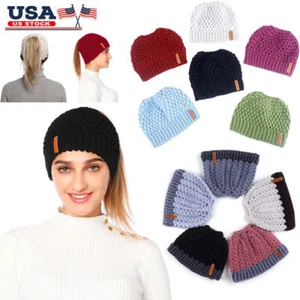 Women Ponytail Beanie Winter Warm Soft Stretchy Knit Messy Bun Hat Cap US - Picture 1 of 28