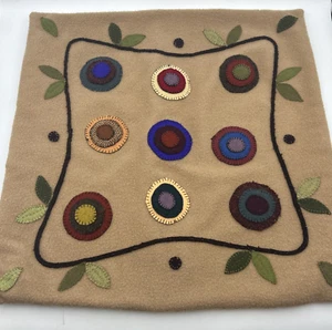 Wool Applique Pillow Cover Circles Light Brown 18x18 Artisan Velvet Back Zip - Picture 1 of 8