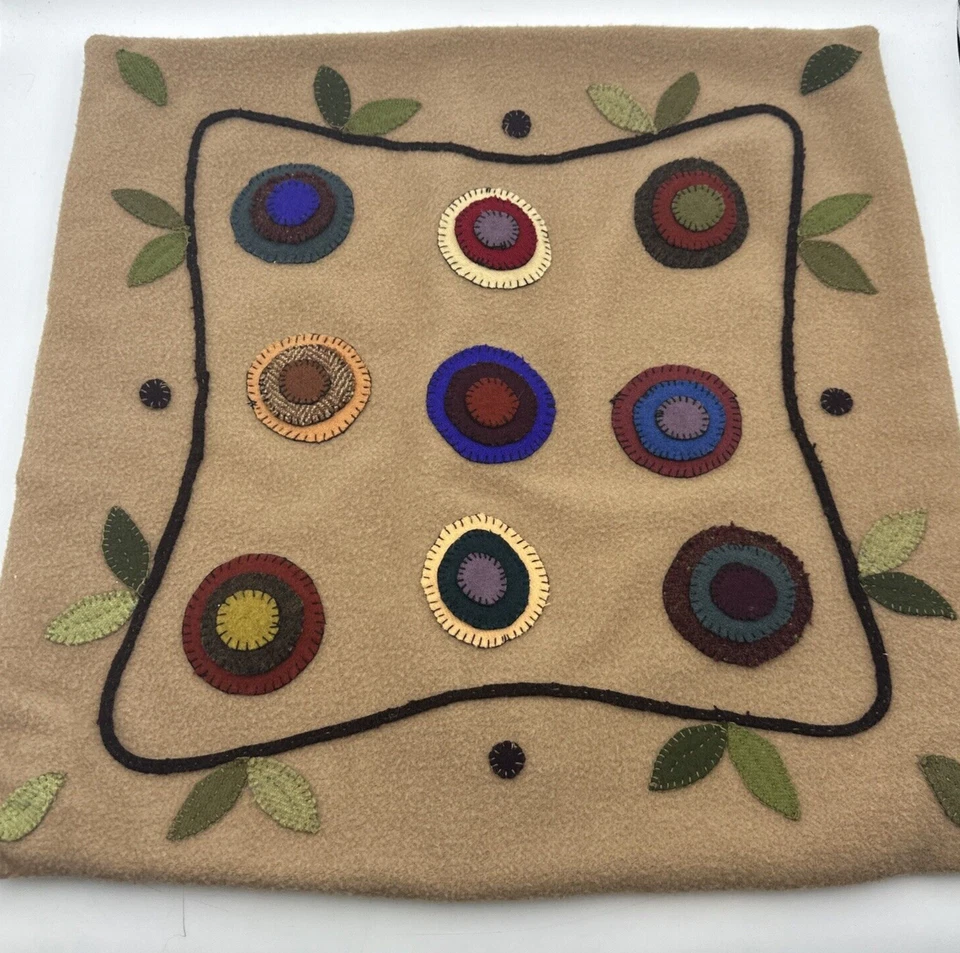 Wool Applique Pillow Cover Circles Light Brown 18x18 Artisan Velvet Back Zip - Image 1 of 4