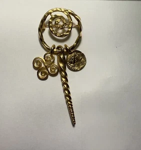 Gold Tone Coin Deco Art Brooch Pin Unsigned - Picture 1 of 3