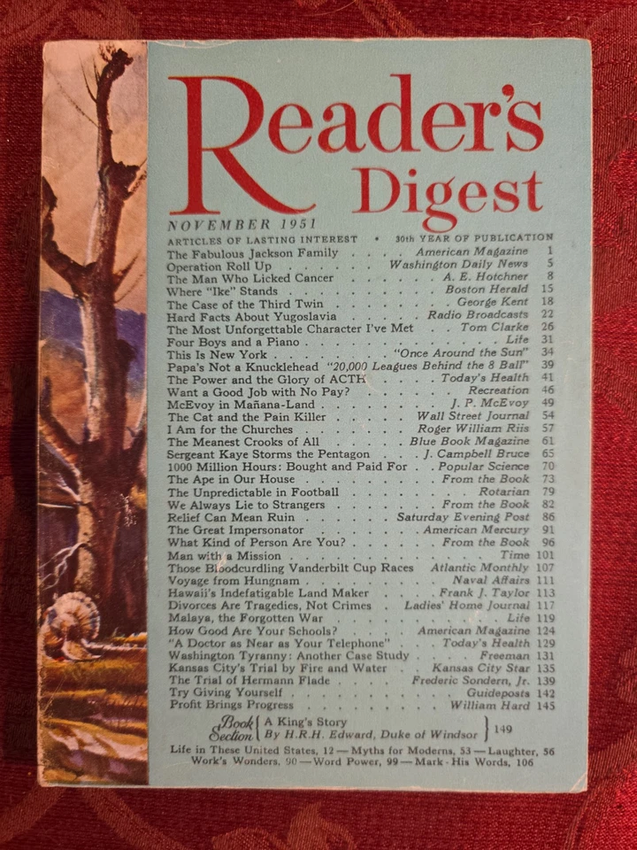 Readers Digest November 1951 A. E. Hotchner Tom Clarke Ted Kautzky George Kent - Image 1 of 1