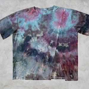 Ice Dyed Short-sleeve T-shirt - Split Hem Top Orchid Teal Gray (Women's XLarge) - Picture 1 of 10