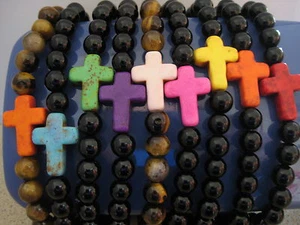 U PICK CROSS COLOUR Turquoise Cross on Gemstone Beaded Bracelet Gift AGTU - Picture 1 of 23