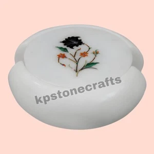4"x4"Round Marble Coaster Set | Inlaid Malachite Gemstone Handmade - Picture 1 of 6