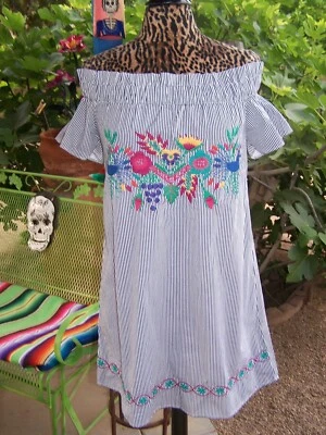 Darling Stripe Embroidered Boho Off  Shoulder Bird Tunic Dress~M/S~Judith March - Image 1 of 4