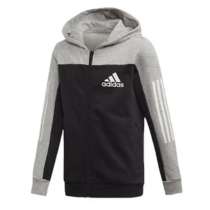 Adidas Ess Hoodie Kids Logo Jacket Sweatshirt Grey Black - Picture 1 of 4