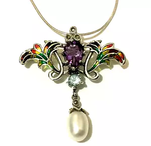 Sterling Silver Art Nouveau Plique a Jour Amethyst Pearl Flower Brooch Necklace - Picture 1 of 10