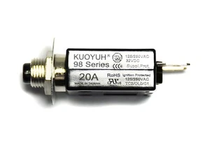100pc 20A Circuit Breaker 98 series 32VDC 125/250VAC KUOYUH Taiwan UL CSA TUV - Picture 1 of 5