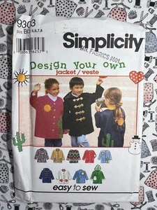 Chaqueta Simplicity Sewing Pattern 9303 Diseña tu Propio Niño Talla 5-8 FF SIN CORTAR - Imagen 1 de 2