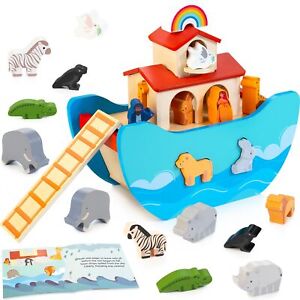 Wooden Noah's Ark Toy Animal Play Set, Bible Story Toys Baptism Gift for Boys...