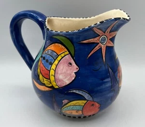 Penzo Zimbabwe Pottery Pitcher Fish Animals Colorful Hand Painted Signed 6" Tall - Picture 1 of 13